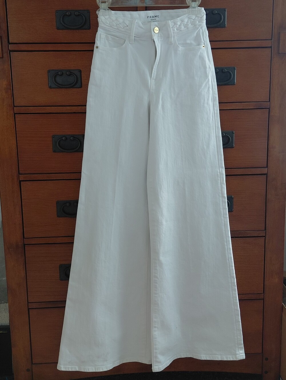 Frame Denim White High-Rise Jeans with Braided Waistband